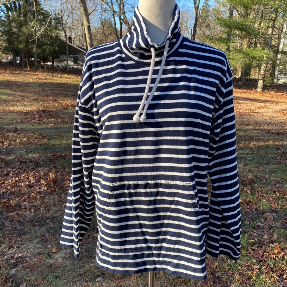 J. CREW TOP SWEATSHIRT FUNNEL NECK TIE BLUE WHITE STRIPE POCKET Size S